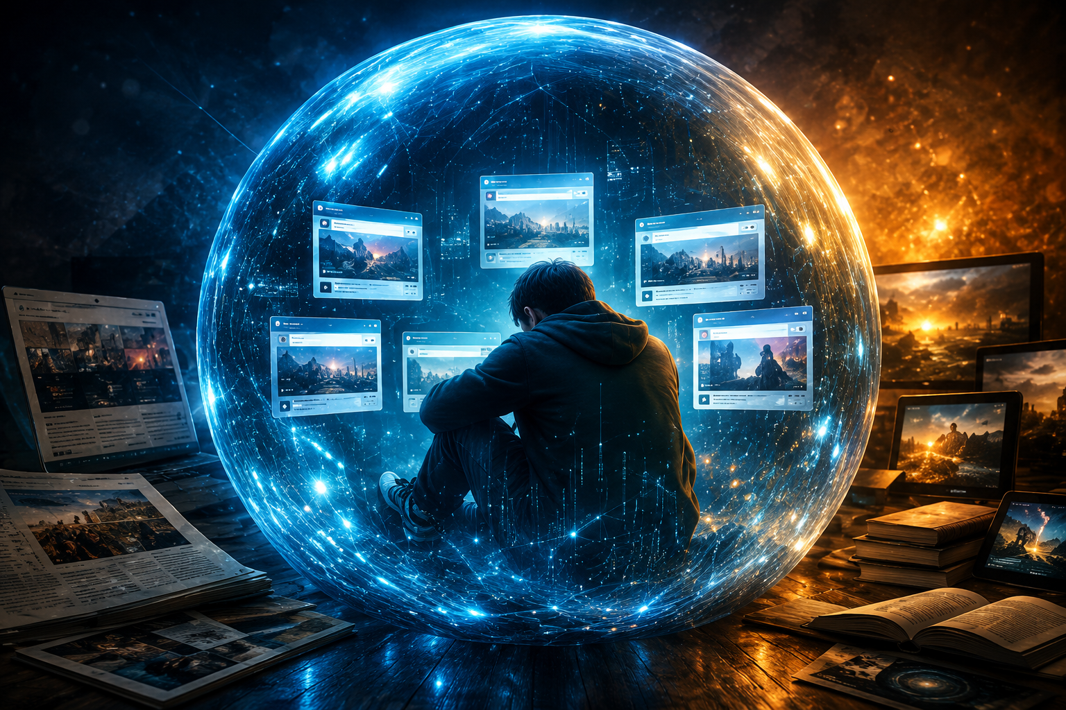 Ilustração digital de um jovem sentado e encolhido dentro de uma grande bolha transparente formada por telas de publicações idênticas; do lado de fora, jornais, livros e televisores exibem conteúdos variados que não chegam até ele.