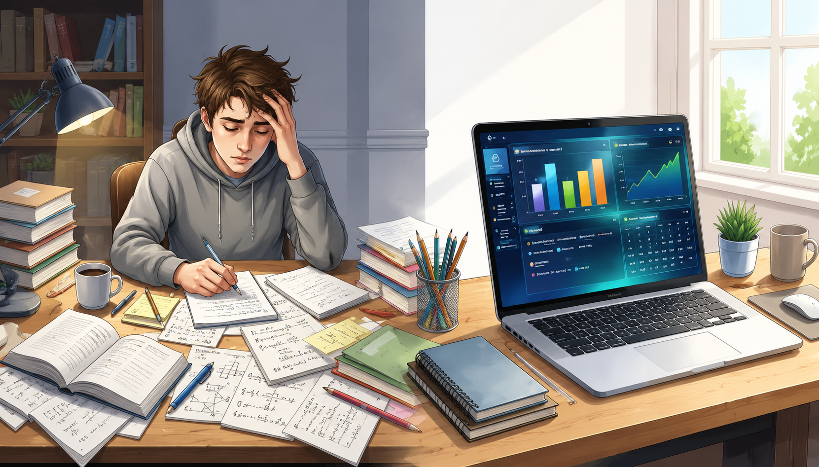 Ilustração em aquarela dividida em duas cenas: à esquerda, um estudante exausto apoia a cabeça na mão diante de uma mesa coberta de papéis, cadernos e anotações soltas; à direita, um notebook exibe um painel organizado, com gráficos de progresso, lista de tarefas e calendário.